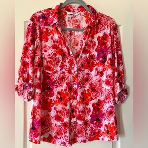 Floral Button Down Shirt - Red and Pink